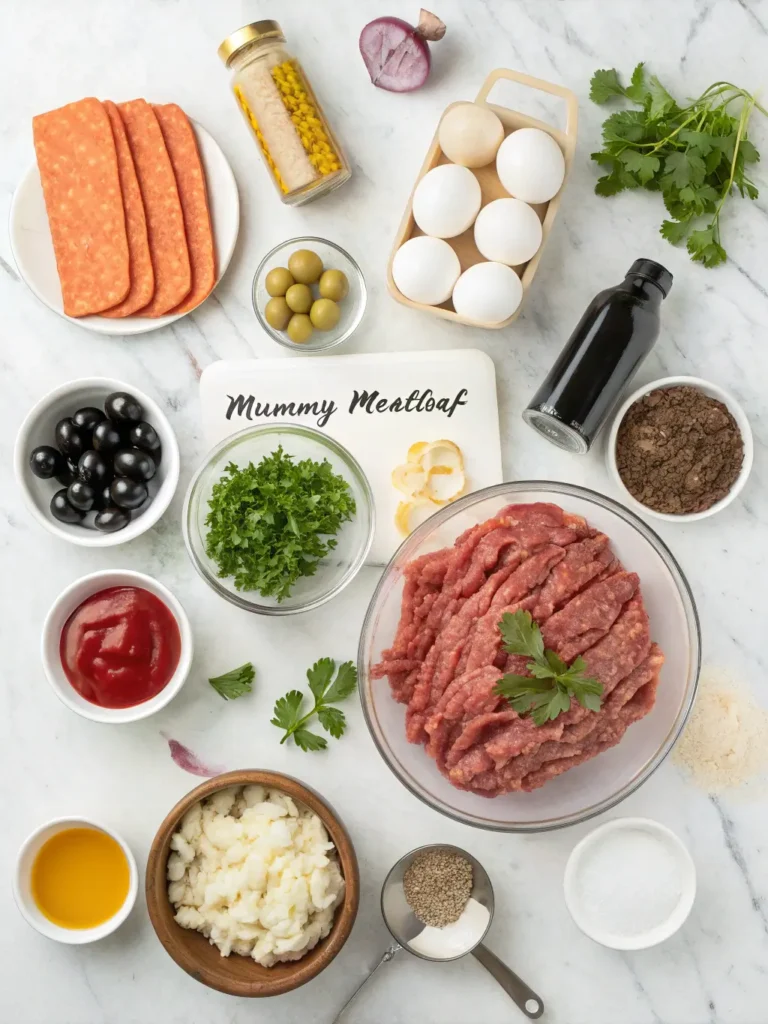 All ingredients needed for Mummy Meatloaf recipe including ground beef, bacon, eggs, breadcrumbs, and spices on marble surface