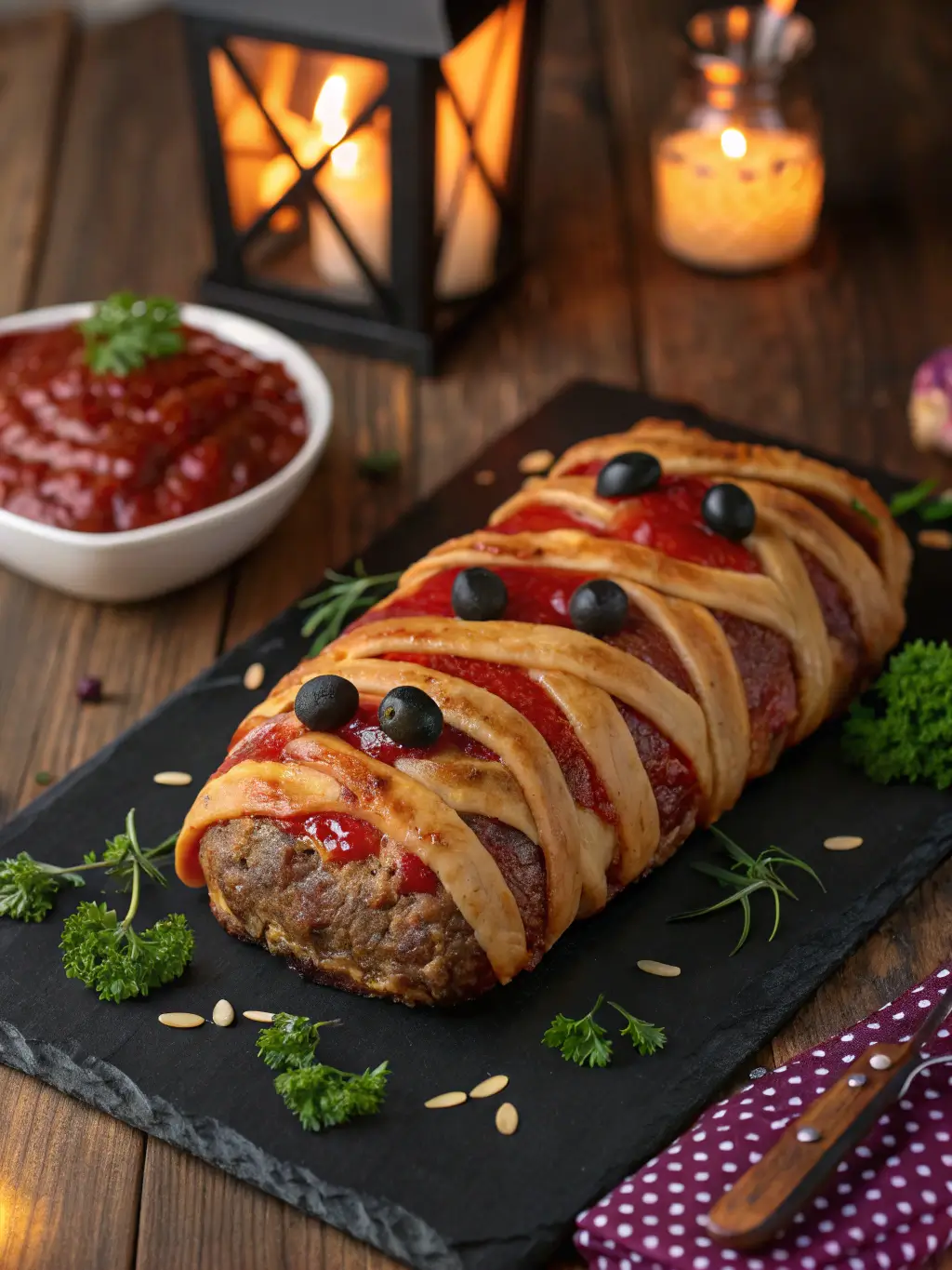 Mummy Meatloaf wrapped in crispy bacon strips with black olive eyes on black slate board for Halloween dinner