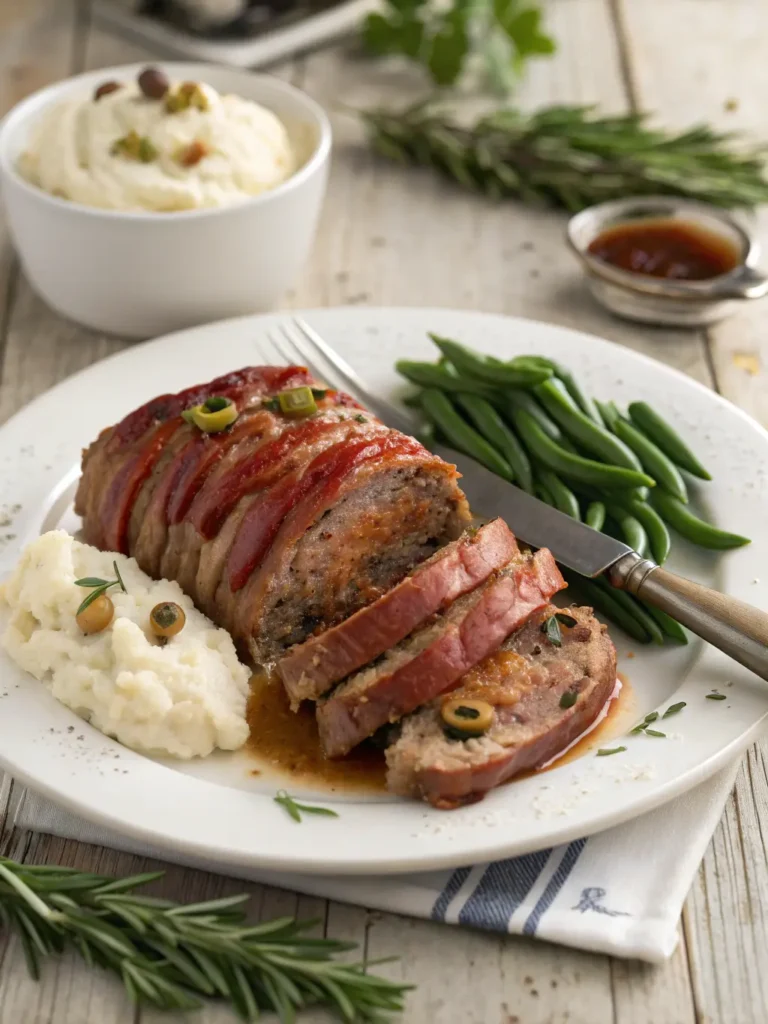 Sliced Mummy Meatloaf plated with creamy mashed potatoes and green beans showing juicy interior and bacon bandages
