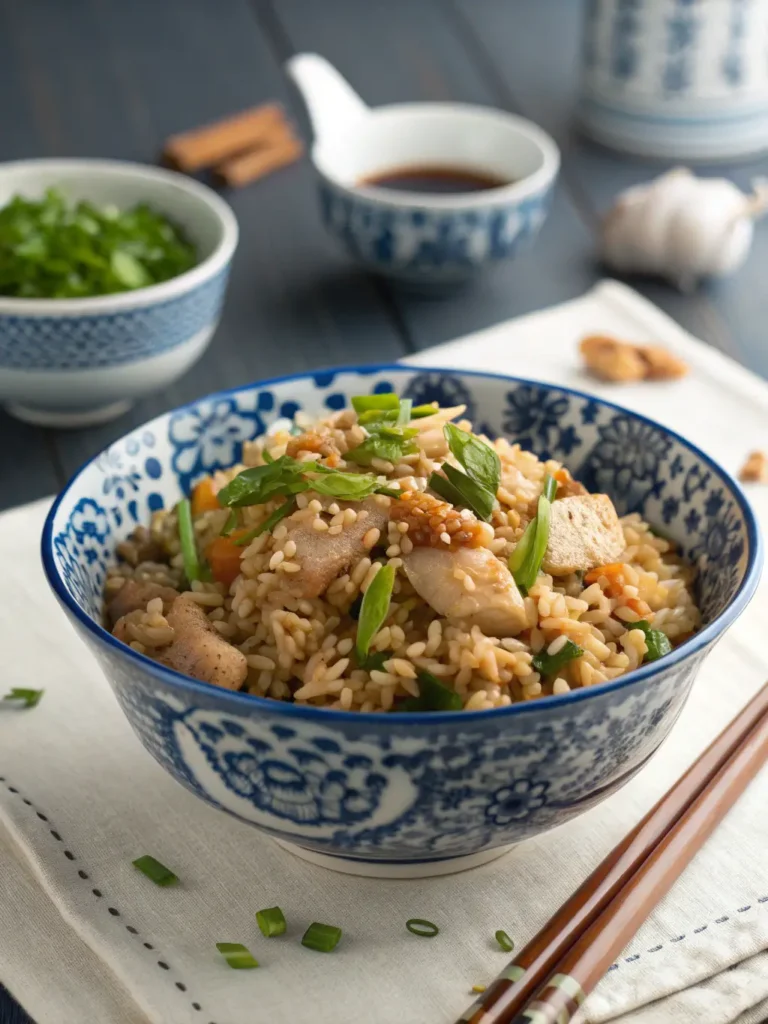 A beautifully plated bowl of homemade Chinese Chicken Fried Rice, garnished with fresh scallions and sesame seeds, with a pair of chopsticks resting on the side.