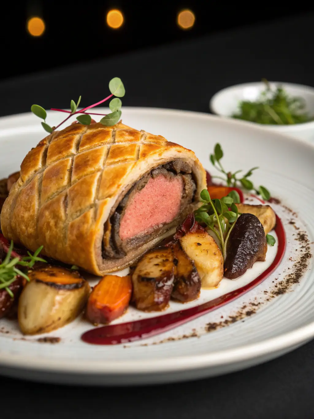 Restaurant-style individual beef wellington sliced to show cross-section with roasted vegetables and red wine sauce