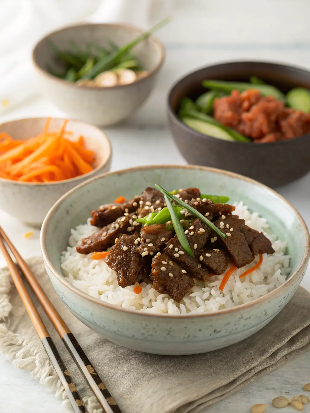 Korean beef strips served over steamed rice in ceramic bowl with sesame seeds, carrots, and traditional banchan side dishes