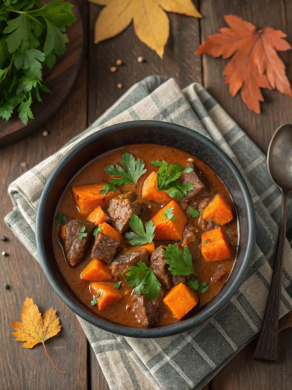Pumpkin beef stew in rustic bowl with tender beef chunks and orange pumpkin in rich gravy garnished with parsley