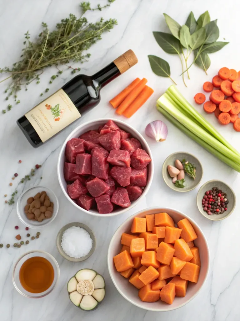 Fresh ingredients for pumpkin beef stew including raw beef cubes, pumpkin, vegetables, herbs and spices on marble counter