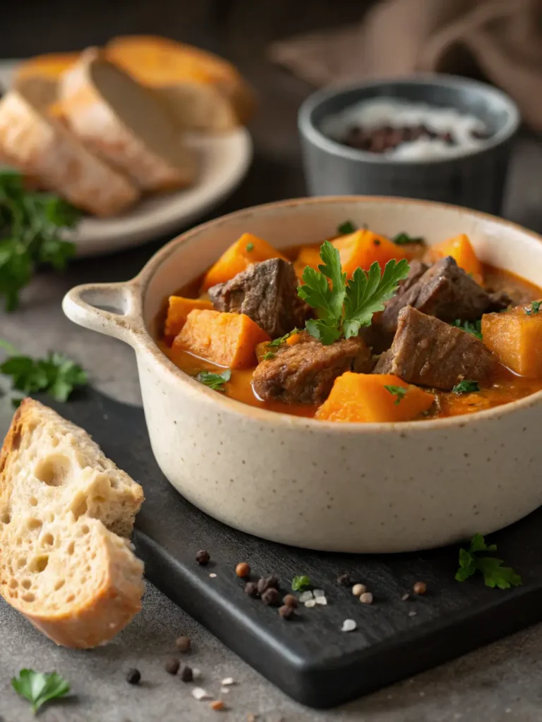 Plated pumpkin beef stew in white bowl with crusty bread showing tender beef and pumpkin chunks
