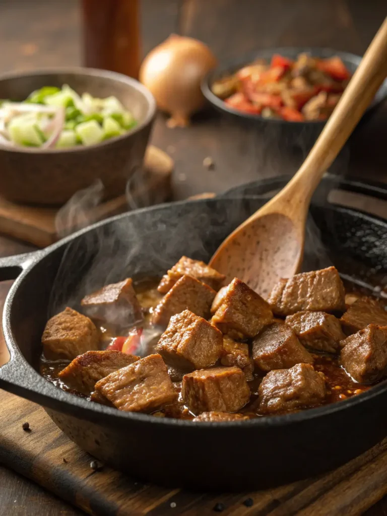 Searing beef cubes for pumpkin beef stew in cast iron Dutch oven with golden brown caramelization