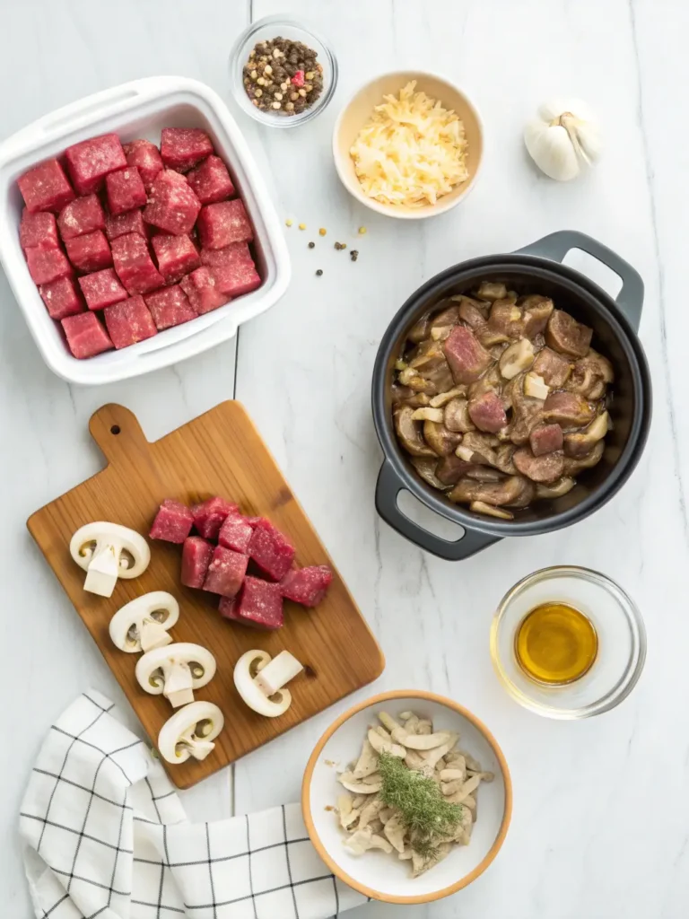 Six-step slow cooker beef Manhattan preparation process from raw ingredients to finished tender beef dish