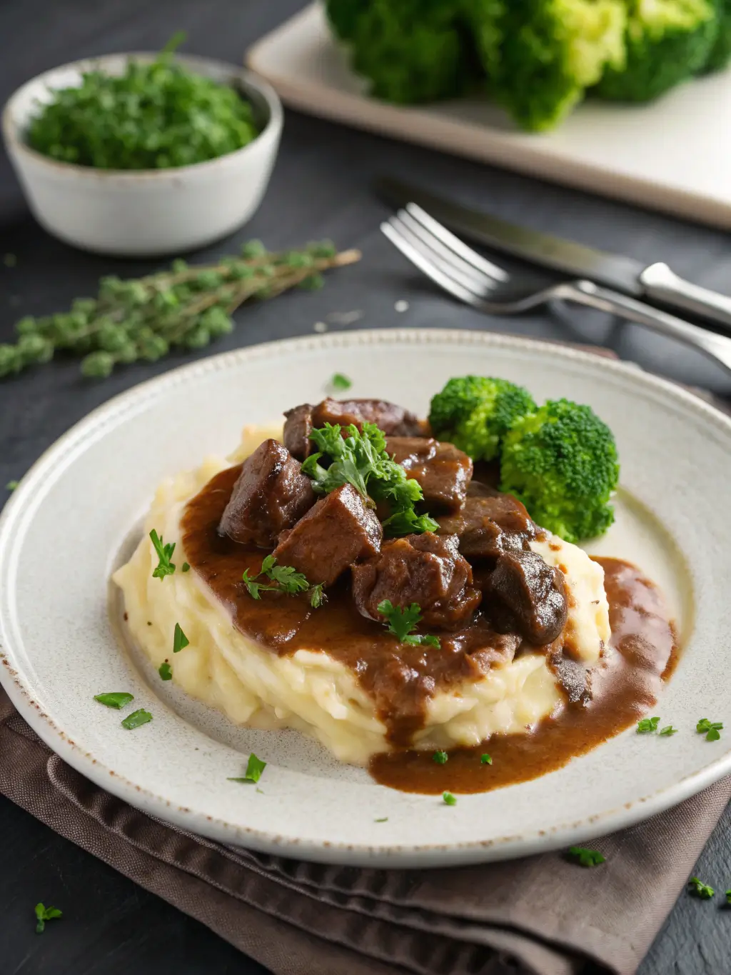 Tender slow cooker beef Manhattan in ceramic bowl with rich brown gravy, garnished with fresh thyme on rustic wooden table
