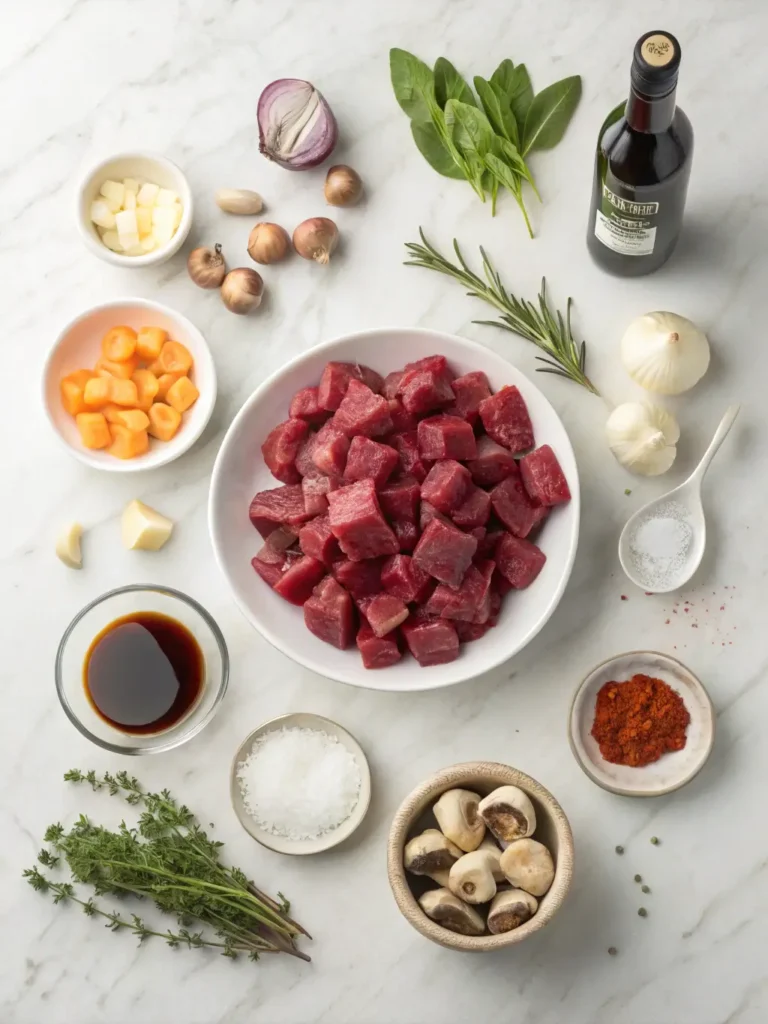 Complete slow cooker beef Manhattan ingredients arranged on marble countertop including beef chuck roast, onions, and seasonings