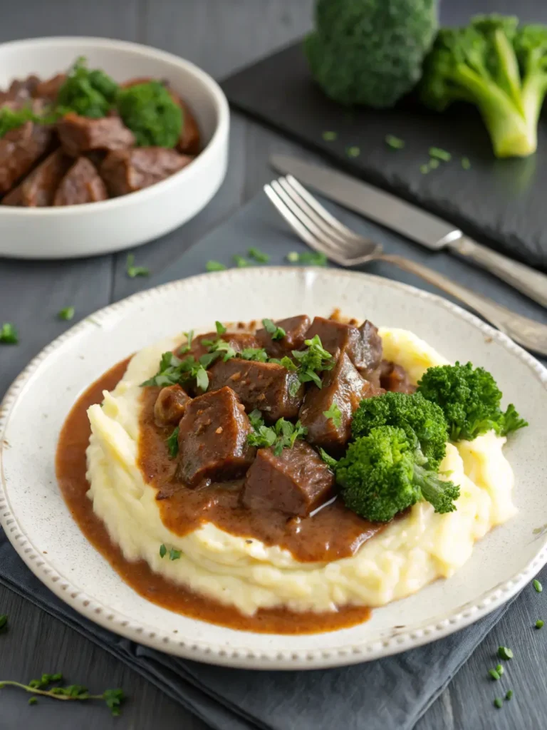 Elegant slow cooker beef Manhattan served over mashed potatoes with steamed broccoli on white dinner plate
