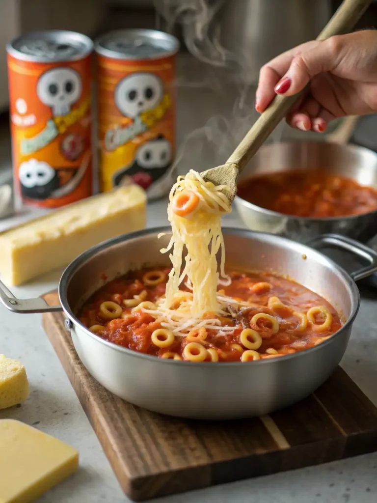 Wooden spoon stirring SpaghettiOs with Halloween shapes in a saucepan with melting cheddar cheese and milk, showing the creamy sauce preparation step