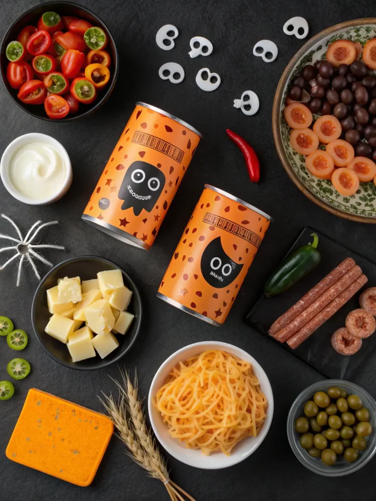 Flat lay of ingredients including four cans of SpaghettiOs with Halloween Shapes, butter, shredded cheddar cheese, milk, mini hot dogs, black olives, orange bell peppers, string cheese, bacon, and pretzel sticks on marble countertop