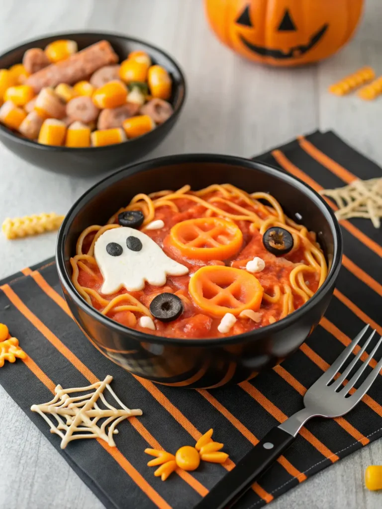 Finished bowl of enhanced SpaghettiOs with Halloween shapes topped with melted cheese, black olive spiders, string cheese cobwebs, and orange bell peppers, served with garlic bread and apple slices