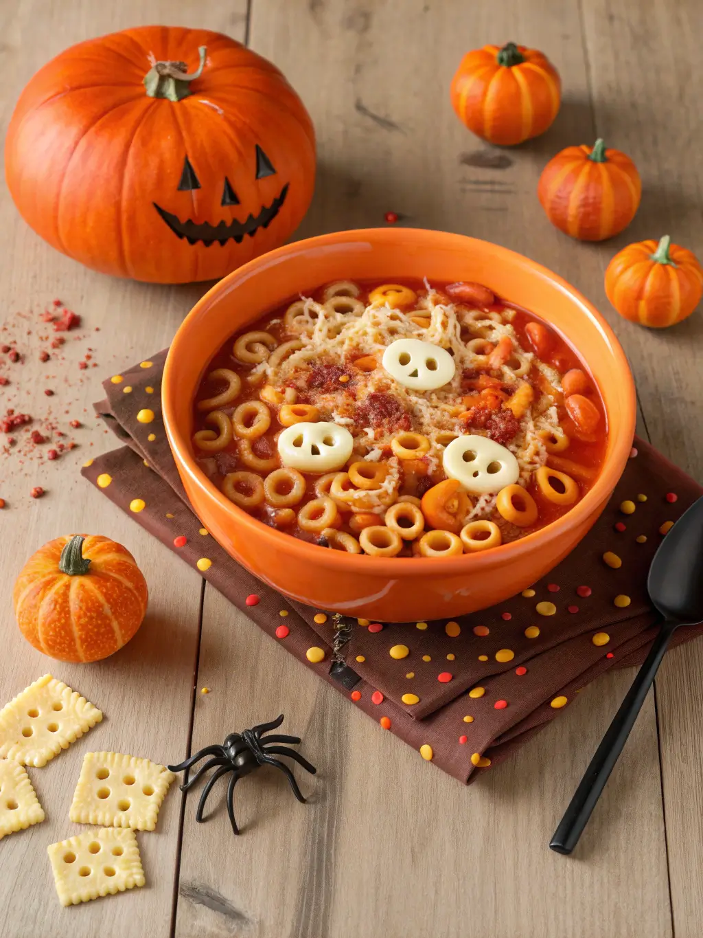 Bowl of SpaghettiOs with Halloween shapes including ghosts, pumpkins, and bats in creamy tomato sauce, garnished with melted cheese on a festive black and orange striped tablecloth with candy corn