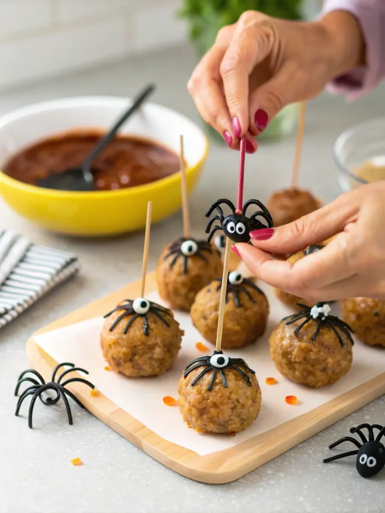 Hands inserting black olive strips as spider legs into baked meatballs to create spooky spider meatballs