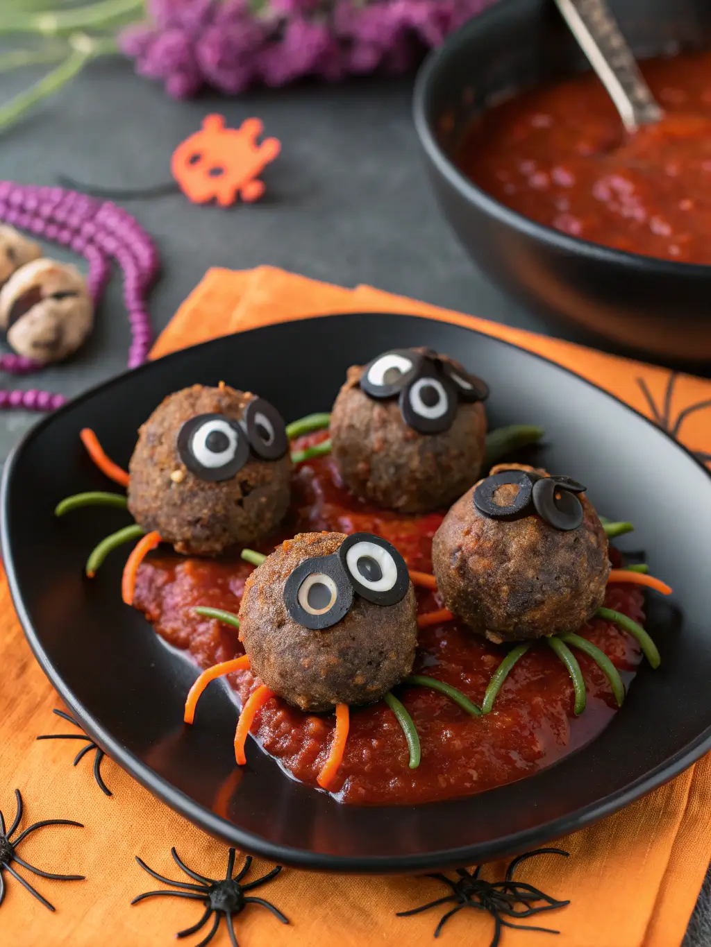 Spooky spider meatballs decorated with black olive legs and candy eyes in marinara sauce on black plate for Halloween