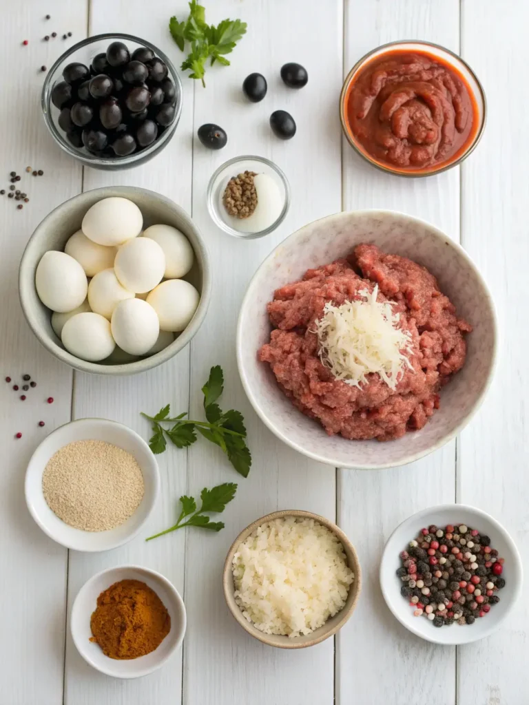 Fresh ingredients for spooky spider meatballs including ground beef, black olives, candy eyes, breadcrumbs and seasonings