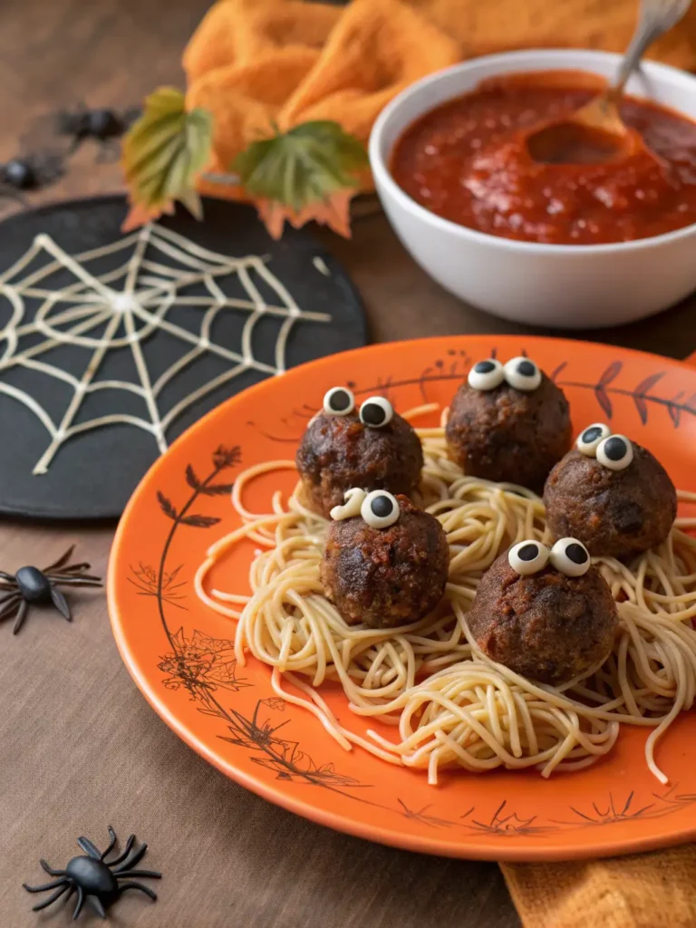Spooky spider meatballs arranged on spaghetti web with marinara sauce for Halloween party presentation