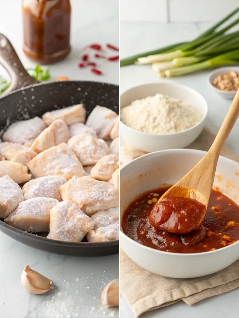 Step-by-step cooking process showing chicken pieces being coated in sticky honey gochujang glaze in skillet