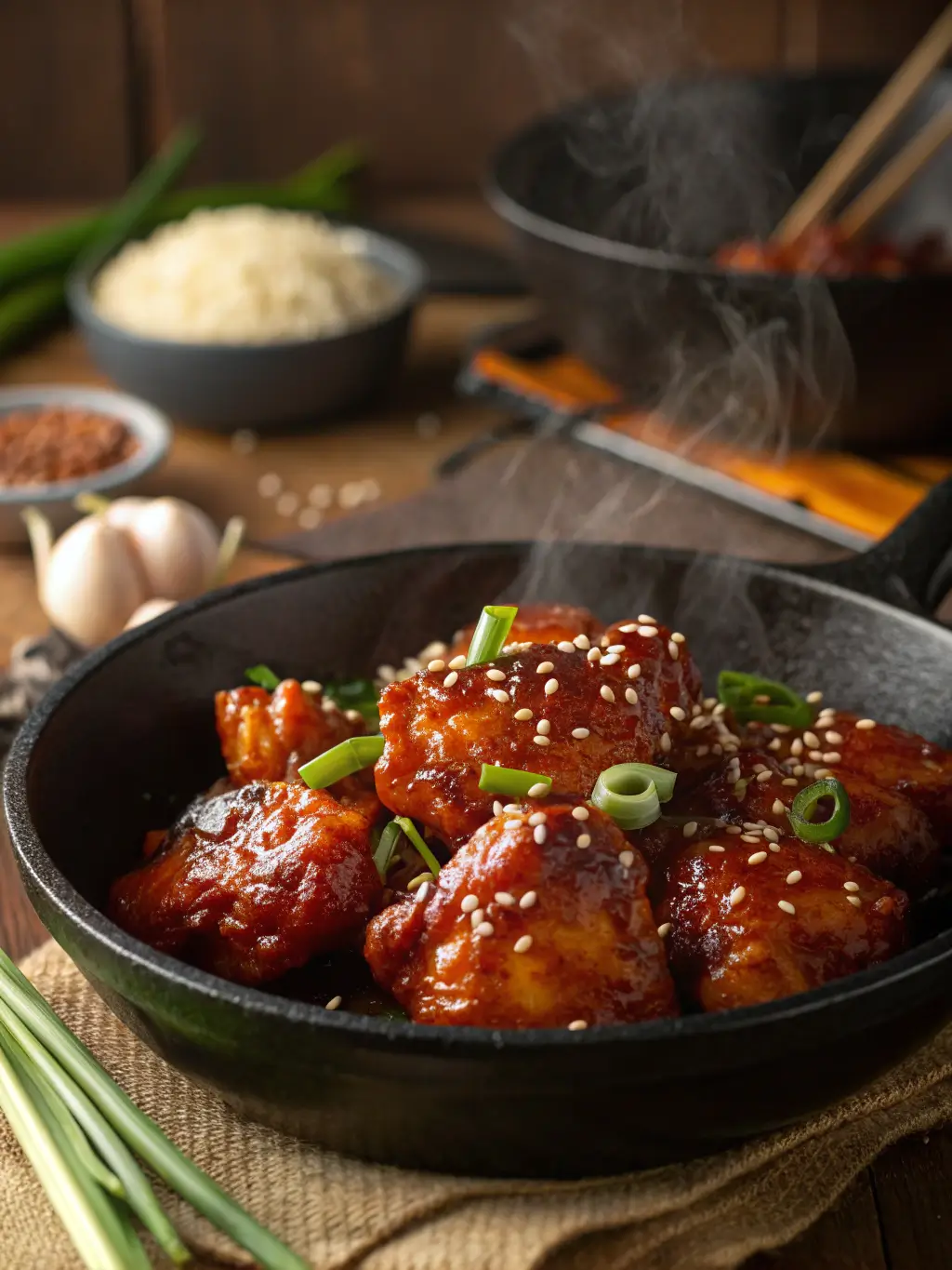 Sticky honey gochujang chicken with glossy caramelized glaze in cast iron skillet garnished with green onions and sesame seeds