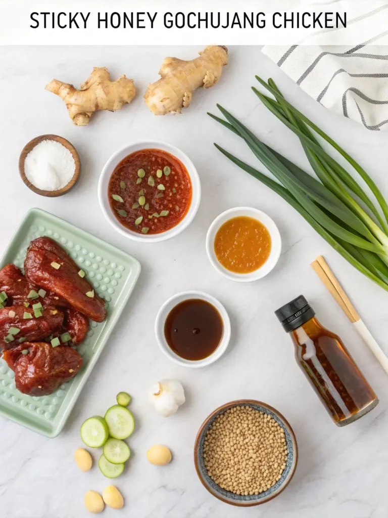 Ingredient layout for sticky honey gochujang chicken recipe including gochujang paste, honey, soy sauce, chicken and garnishes
