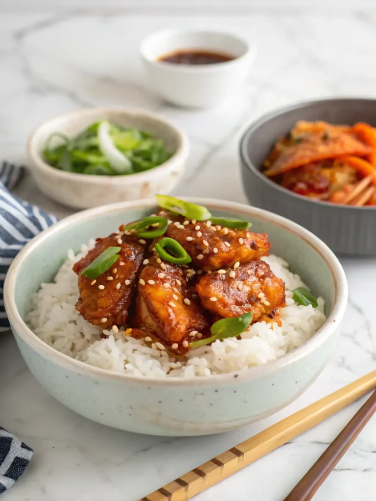 Plated sticky honey gochujang chicken served over white rice in ceramic bowl with chopsticks and kimchi side dish