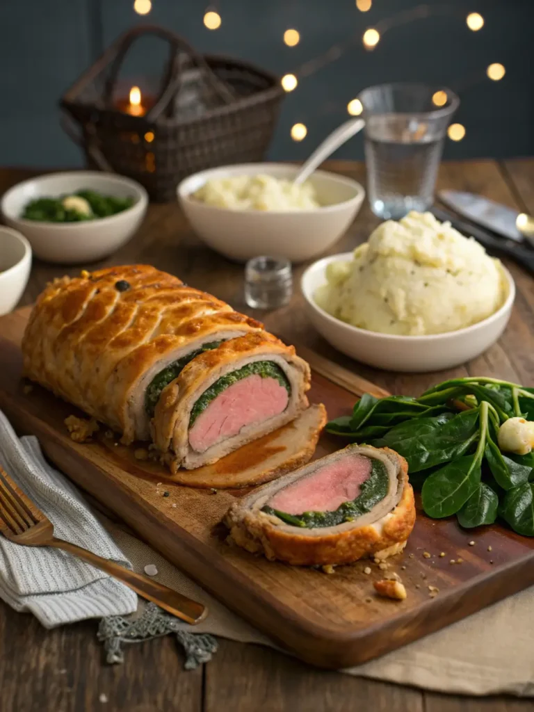 Sliced Weeknight Wellington served on wooden board with steamed vegetables and mashed potatoes for family weeknight dinner