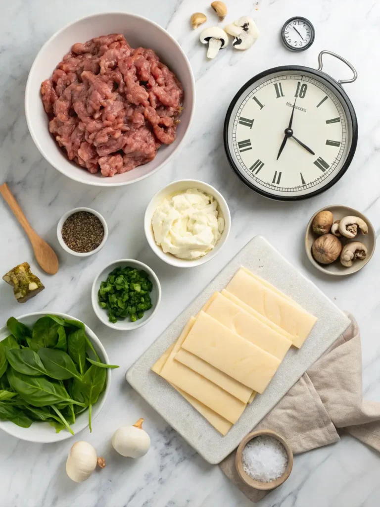 All ingredients for Weeknight Wellington recipe including ground meat, puff pastry, spinach, cream cheese, and seasonings with 15-minute timer