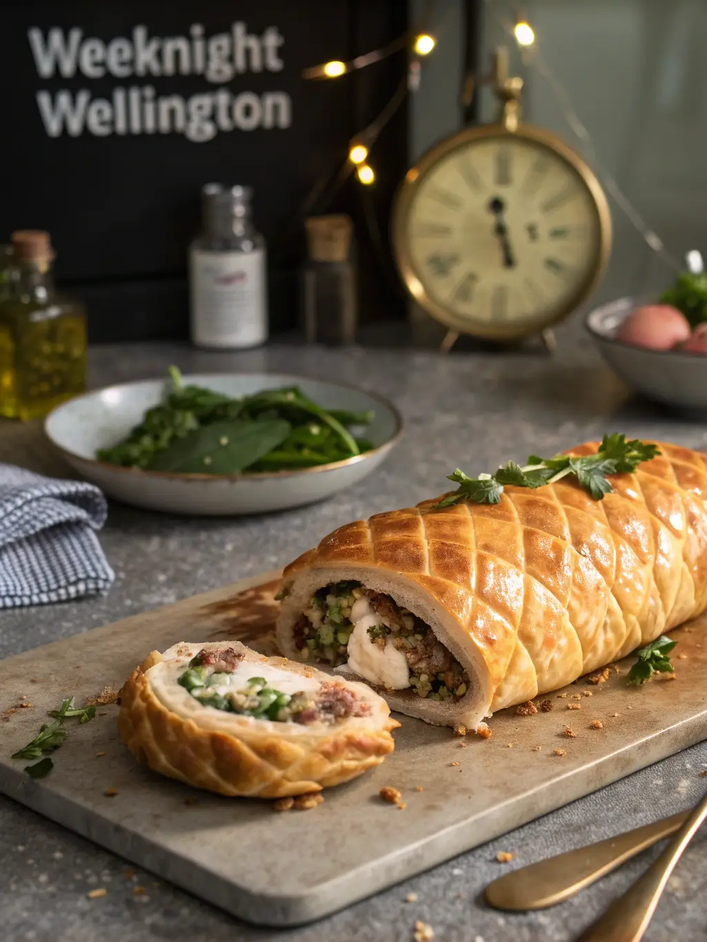 Golden-brown Weeknight Wellington sliced to show meat, spinach, and cream cheese layers with kitchen clock showing 45-minute cooking time