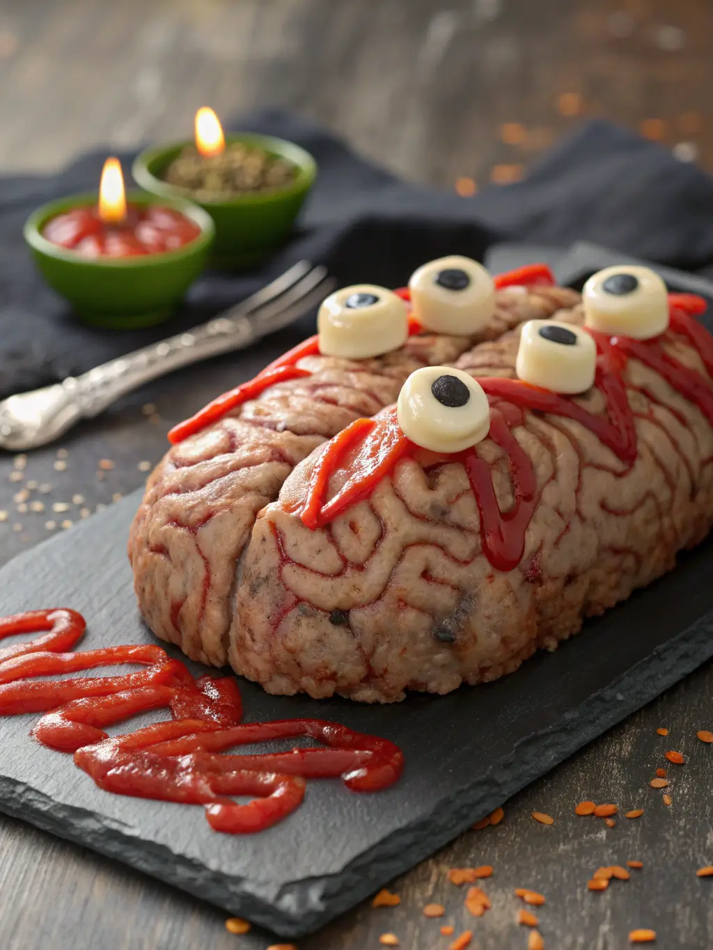 Brain-shaped Zombie Meatloaf with olive eyeballs and ketchup blood glaze on dark platter