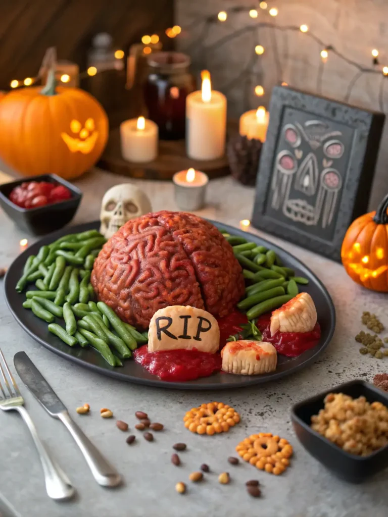 Zombie Meatloaf served with Halloween-themed sides on festive dinner table