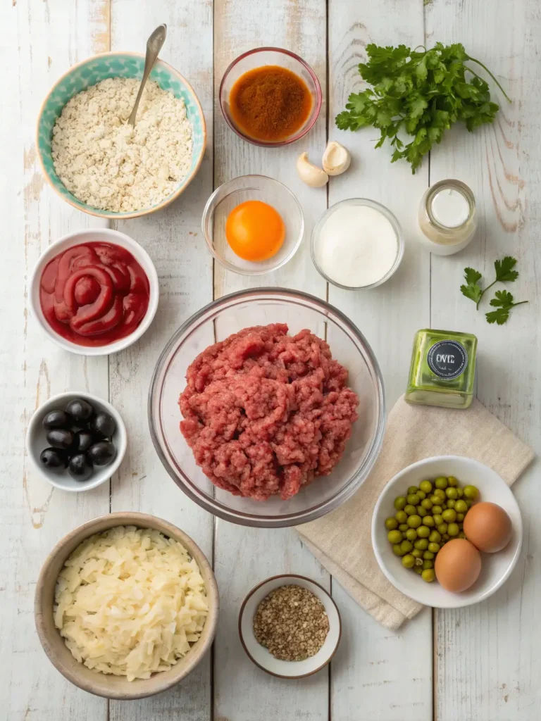 All ingredients for Zombie Meatloaf recipe arranged on wooden table
