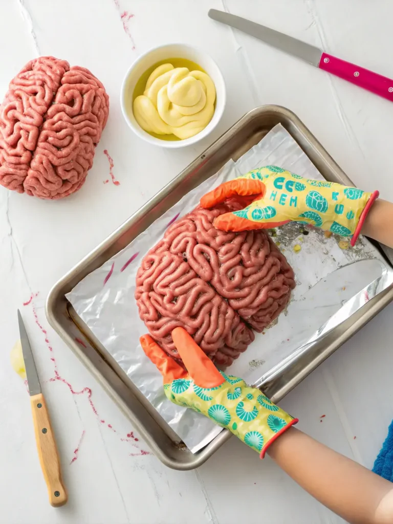 Child's hands shaping ground beef into brain form with grooves and wrinkles