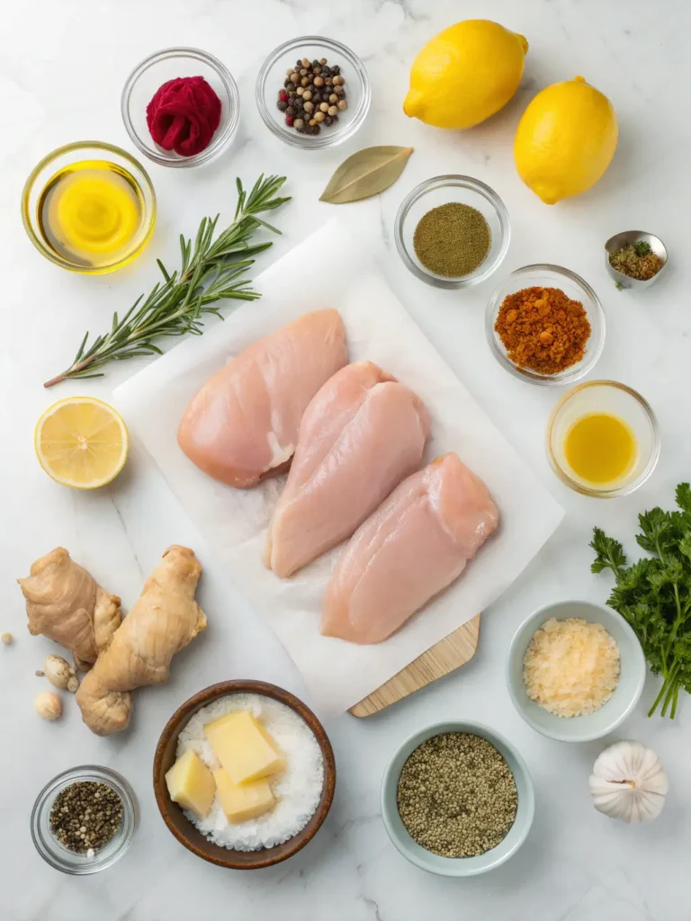 Complete ingredients for Air Fryer Chicken Breasts including raw chicken, herbs, spices, olive oil, and seasonings on marble countertop
