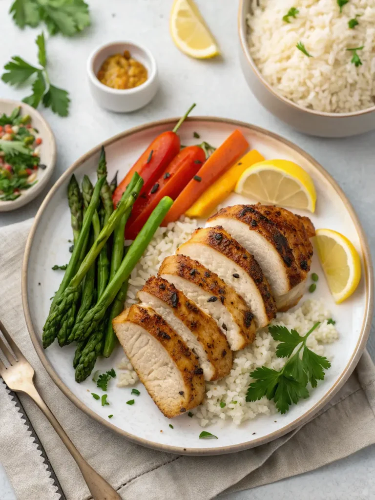 Air Fryer Chicken Breasts sliced and plated with rice, roasted vegetables, and honey garlic glaze on white dinner plate