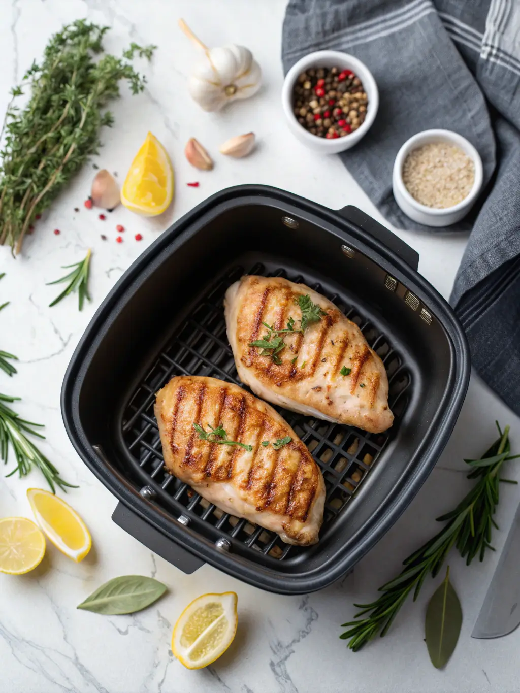 Golden crispy Air Fryer Chicken Breasts in black air fryer basket with fresh herbs and seasonings on marble countertop