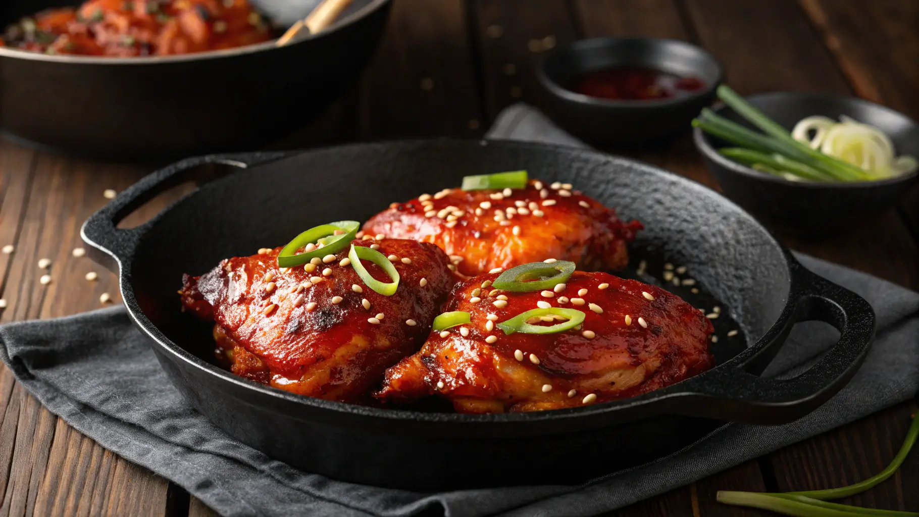 Asian gochujang chicken thighs with sticky red-orange glaze in cast iron skillet garnished with sesame seeds and green onions