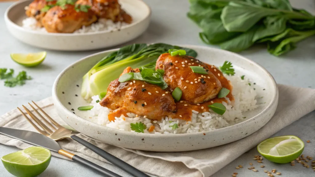 Plated bang bang chicken thighs served over jasmine rice with bok choy and lime garnish