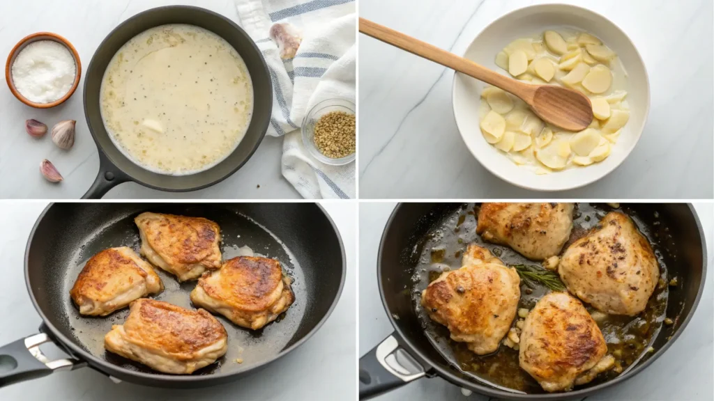 Four-step cooking process for Bobby Flay's chicken thighs with creamy garlic sauce showing searing, sautéing garlic, deglazing, and making cream sauce