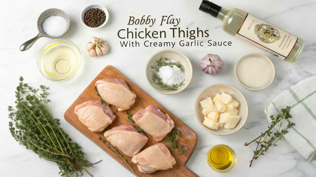All ingredients for Bobby Flay's chicken thighs with creamy garlic sauce including raw chicken, heavy cream, garlic, herbs, Parmesan, and spices on marble counter