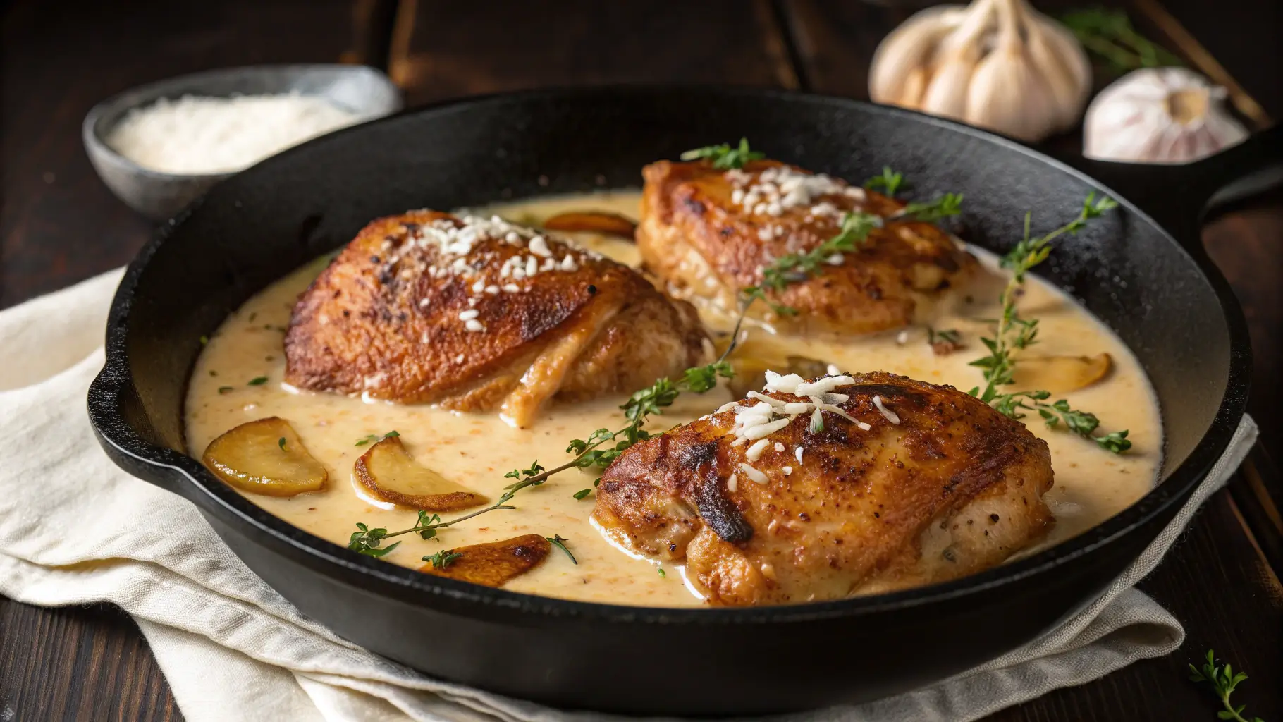 Bobby Flay's chicken thighs with creamy garlic sauce in cast iron skillet featuring golden crispy skin in rich ivory garlic cream sauce with fresh thyme