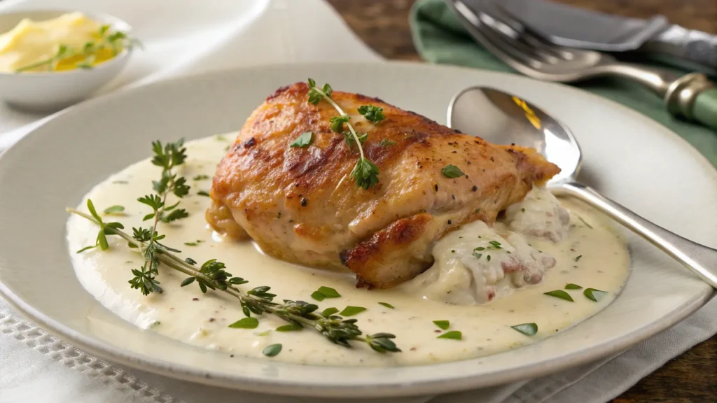 Restaurant-style plated Bobby Flay's chicken thighs with creamy garlic sauce on white plate with crispy skin, velvety sauce, and fresh herbs garnish