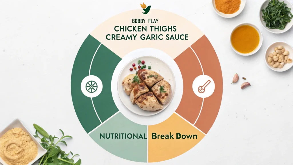 Nutritional information infographic for Bobby Flay's chicken thighs with creamy garlic sauce showing 520 calories with 34g protein, 40g fat, 6g carbs breakdown