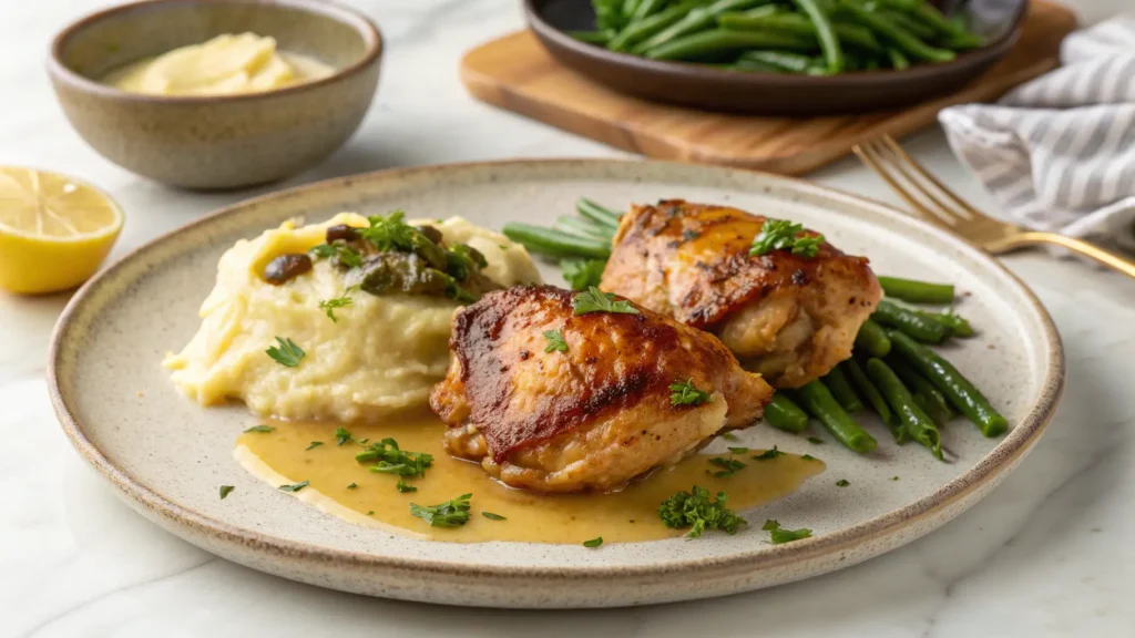 Plated Bobby Flay's juicy chicken thighs recipe served with mashed potatoes and green beans on rustic ceramic plate