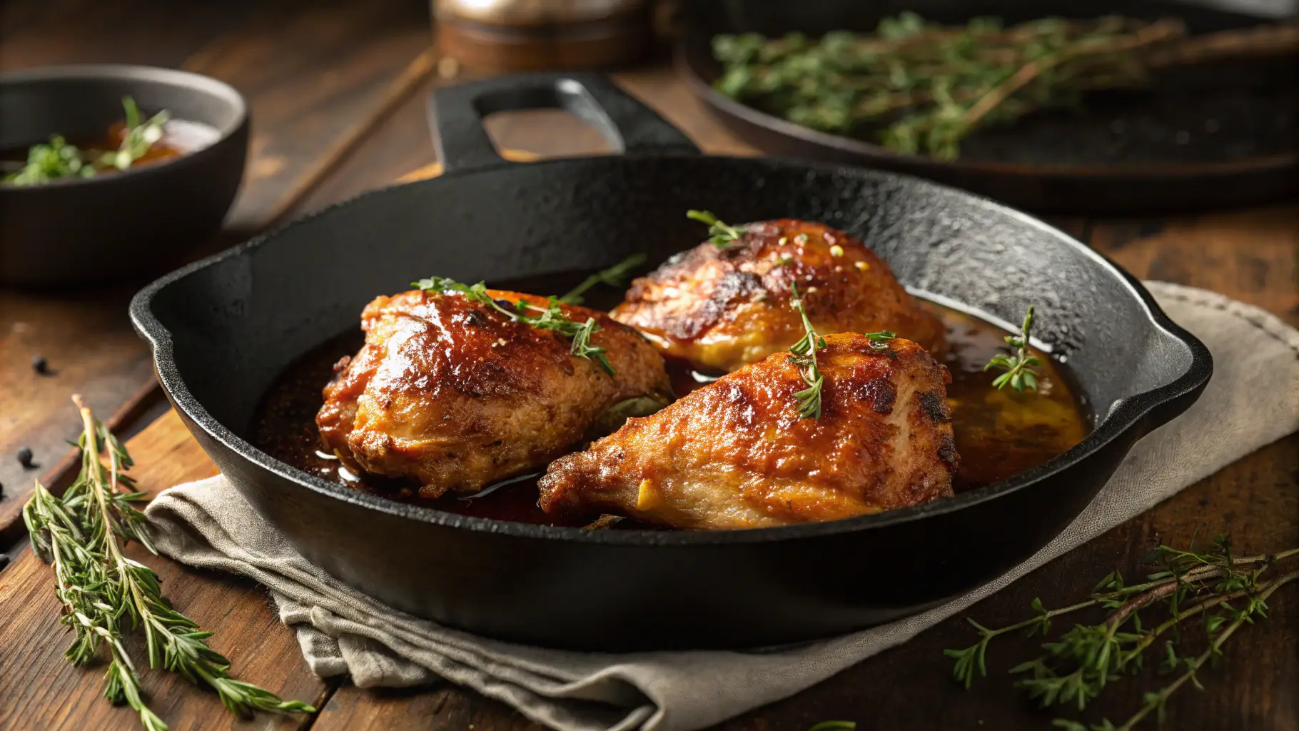 Bobby Flay's juicy chicken thighs recipe with crispy golden skin in cast iron skillet with herb pan sauce