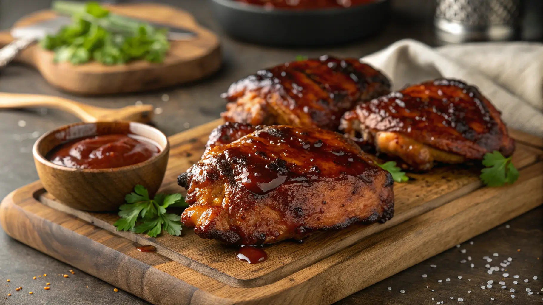Caramelized BBQ chicken thighs with glossy mahogany glaze on rustic wooden board, garnished with fresh parsley