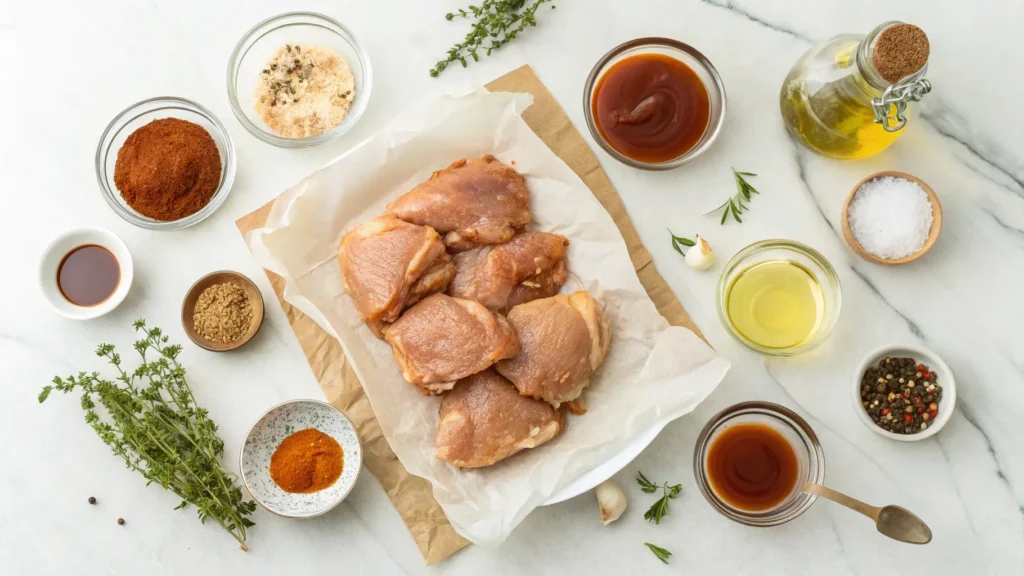 Ingredients for caramelized BBQ chicken thighs including raw chicken, BBQ sauce, honey, and spices on marble countertop