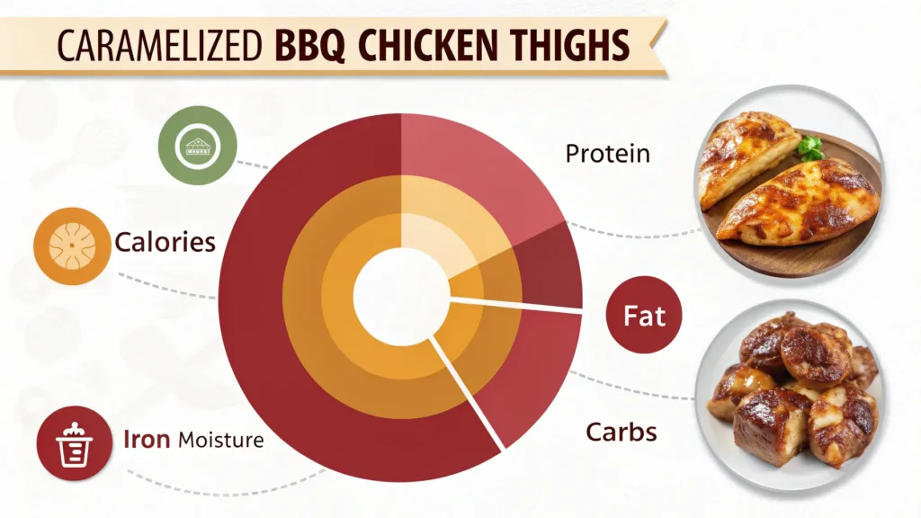 Nutritional information infographic for caramelized BBQ chicken thighs showing calories, protein, and macronutrient breakdown