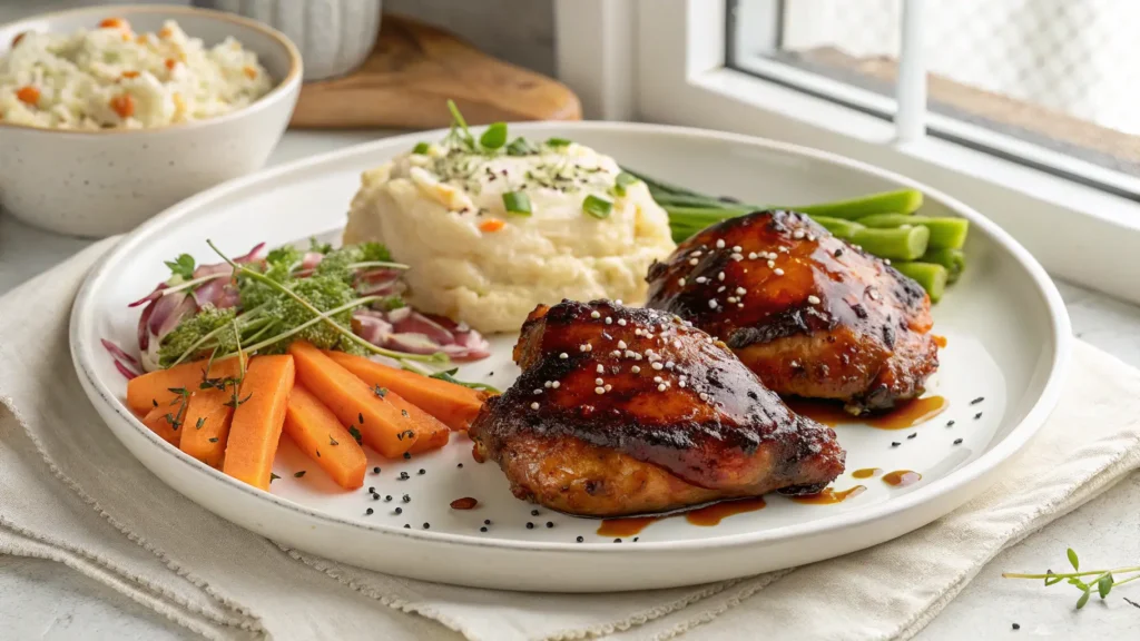 Plated caramelized BBQ chicken thighs served with mashed potatoes, roasted vegetables, and coleslaw