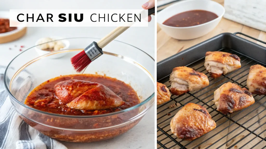 Step-by-step Char Siu Chicken preparation showing marinating, basting, and cooking process